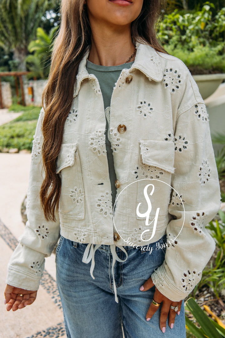 Eyelet Denim Jacket - Beige