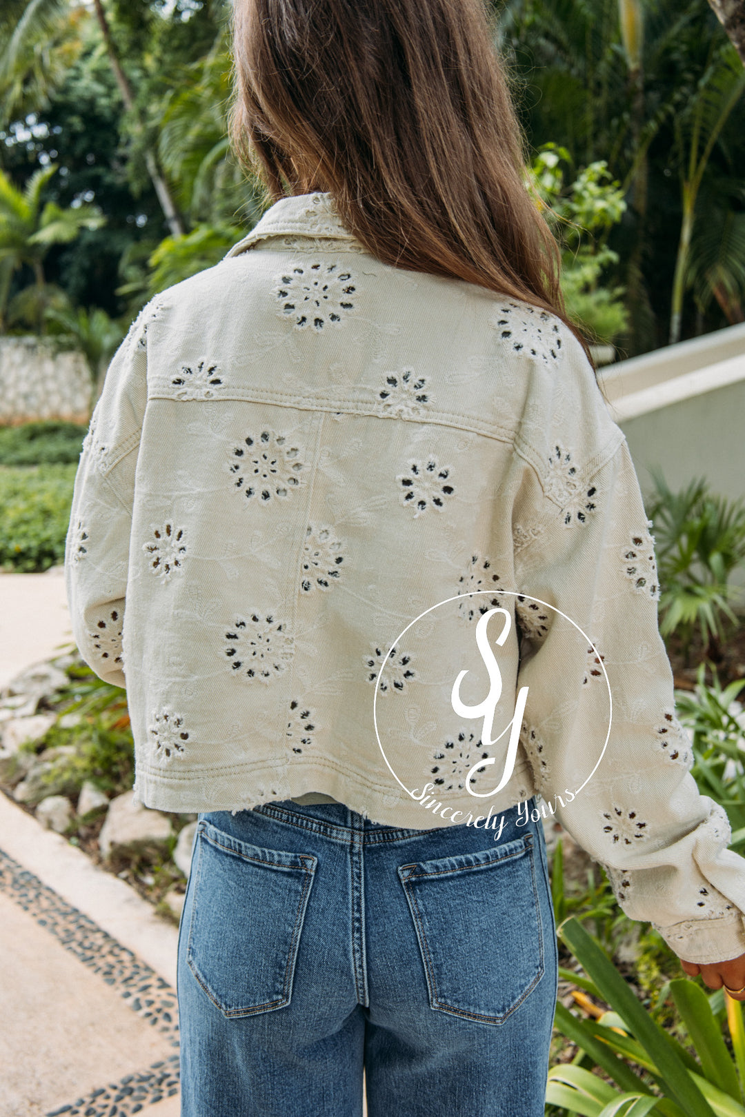 Eyelet Denim Jacket - Beige
