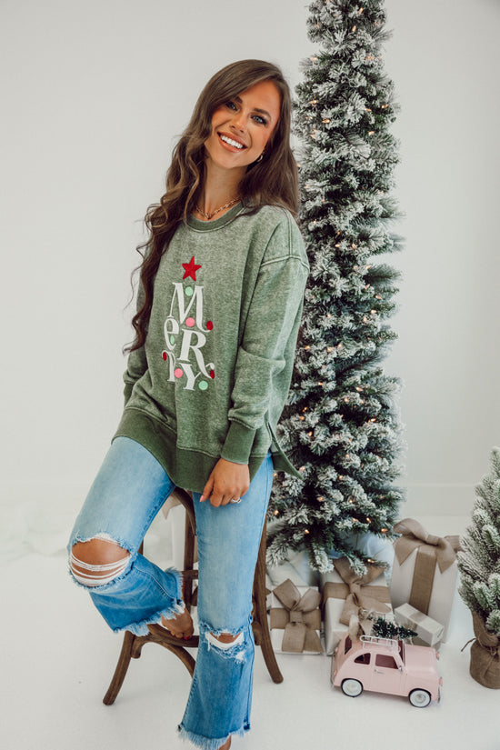 Merry Burnout Crewneck - Olive