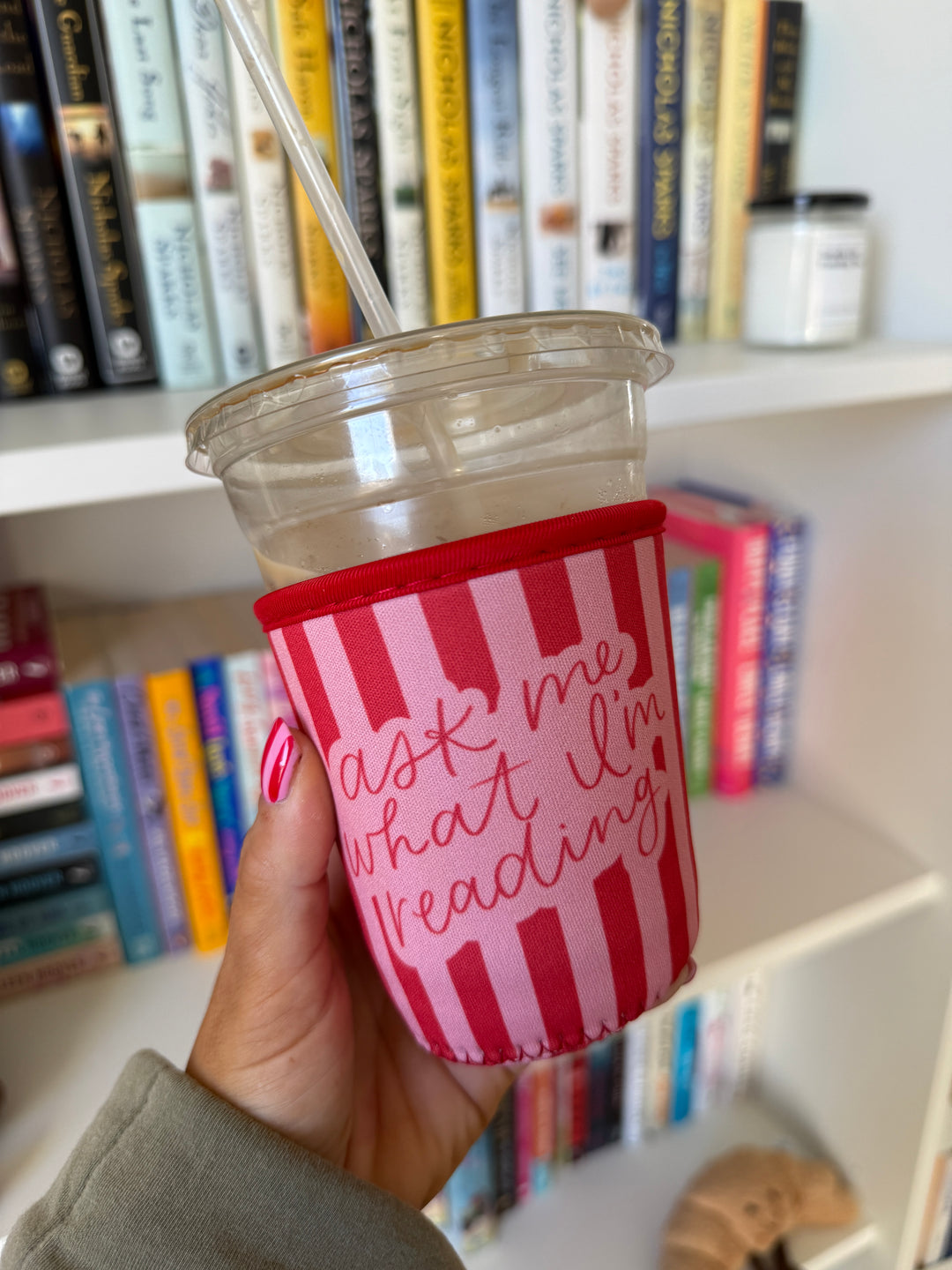 Ask Me What I'm Reading Drink Sleeve, Iced Coffee Koozie