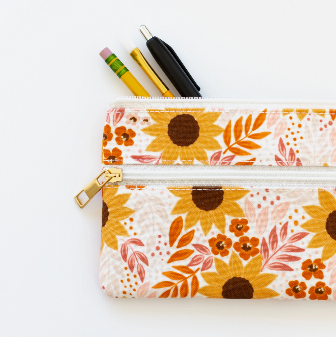Brown Pencil Case, Small Pencil Pouch, Floral Zipper Pouch, Brown Purse,  Flower Pencil Case, Flowers Autumn 