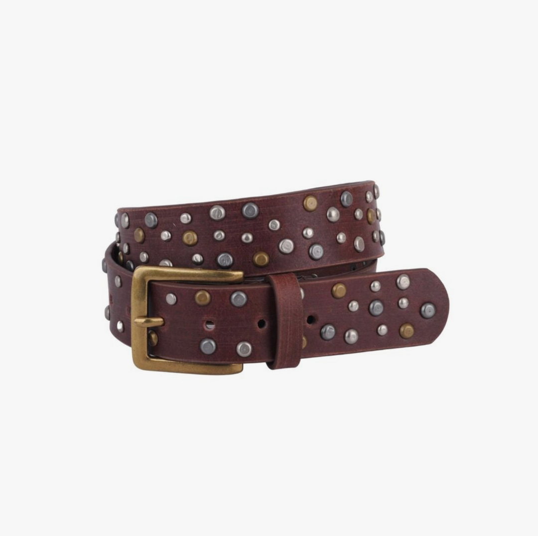 Distressed Studded Leather Belt -Brown