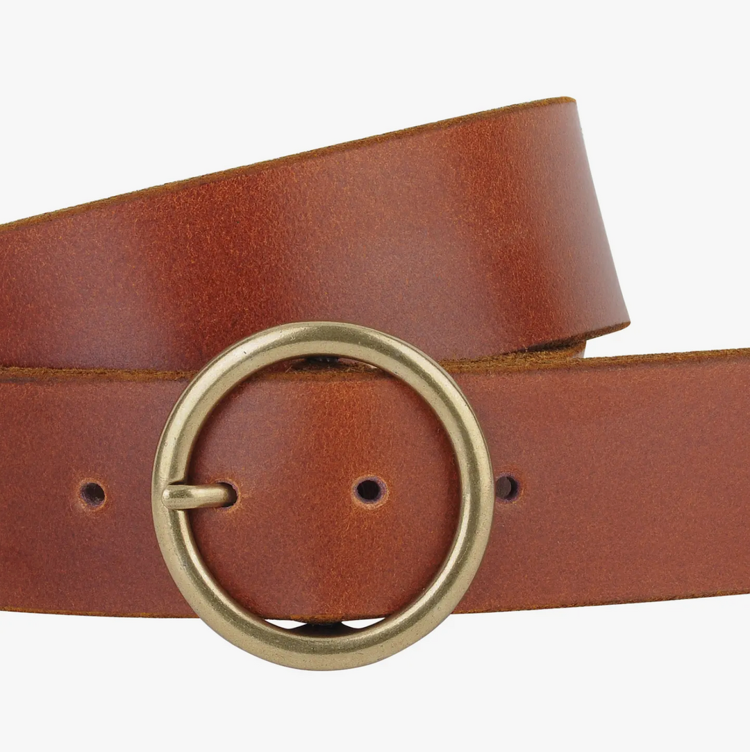 Wide Brass-Toned Ring Buckle Leather Belt -Tan