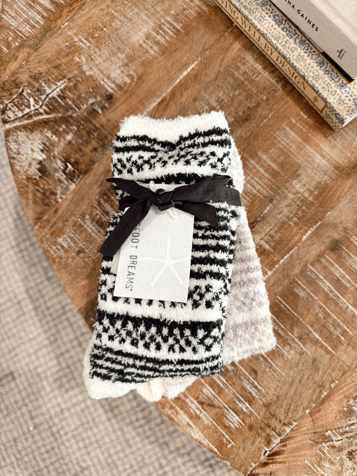 Barefoot Dreams: CozyChic Checkered Stripe Sock Set - Dark Moss-Stone Multi