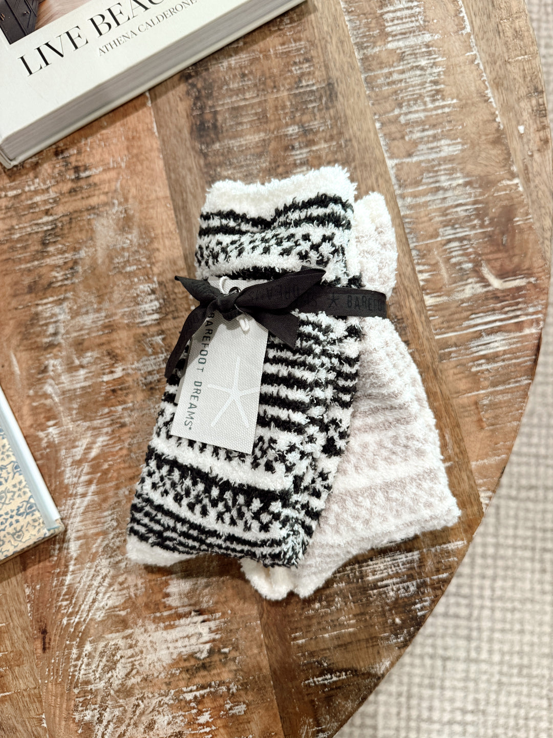Barefoot Dreams: CozyChic Checkered Stripe Sock Set - Dark Moss-Stone Multi