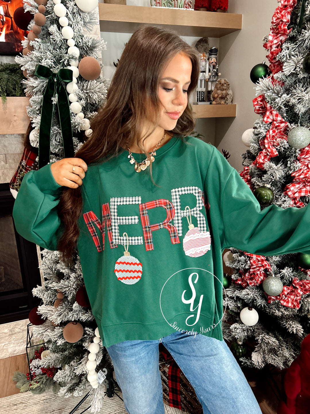 Festive Ornament Blouse - Hunter Green