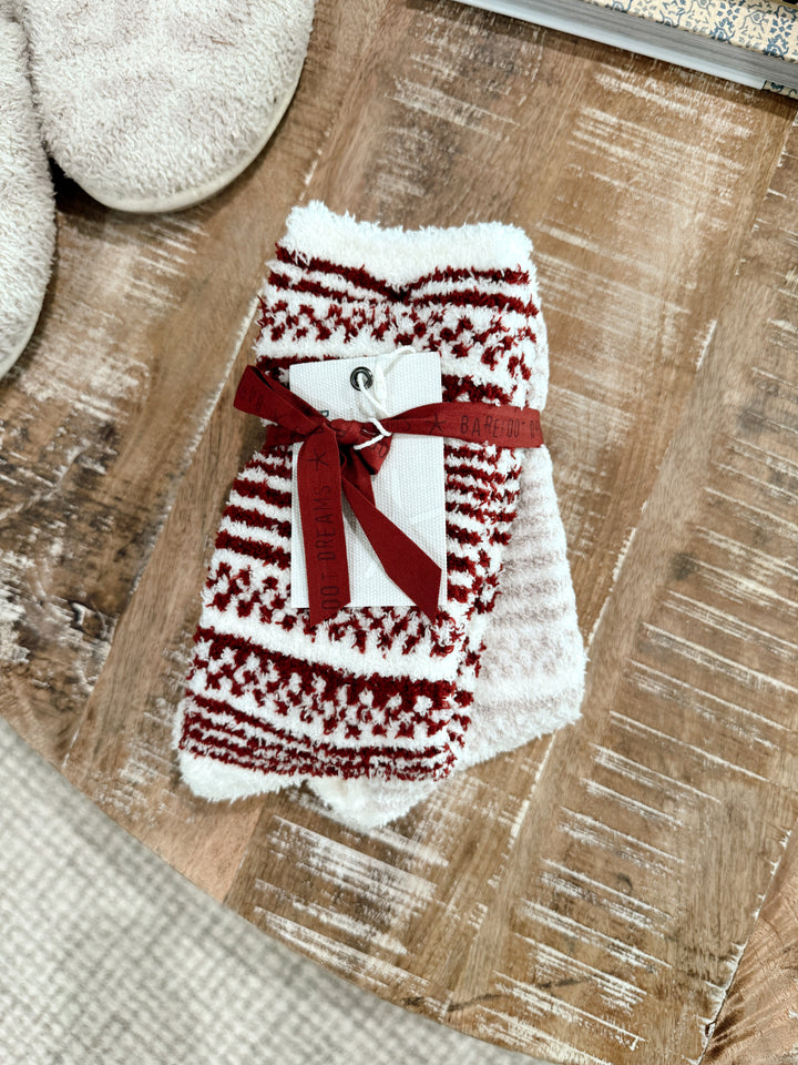 Barefoot Dreams: CozyChic Checkered Stripe Sock Set - Crimson- Stone Multi