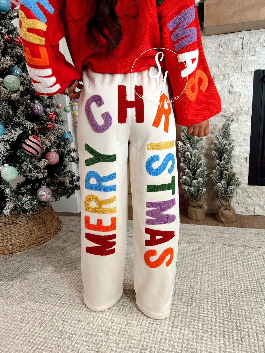 Colorful Christmas Pants - Cream