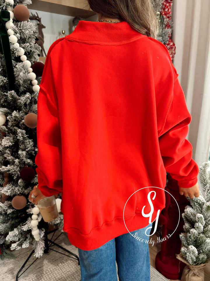 "MERRY" Days Embroidered Mock Neck Crew - Red