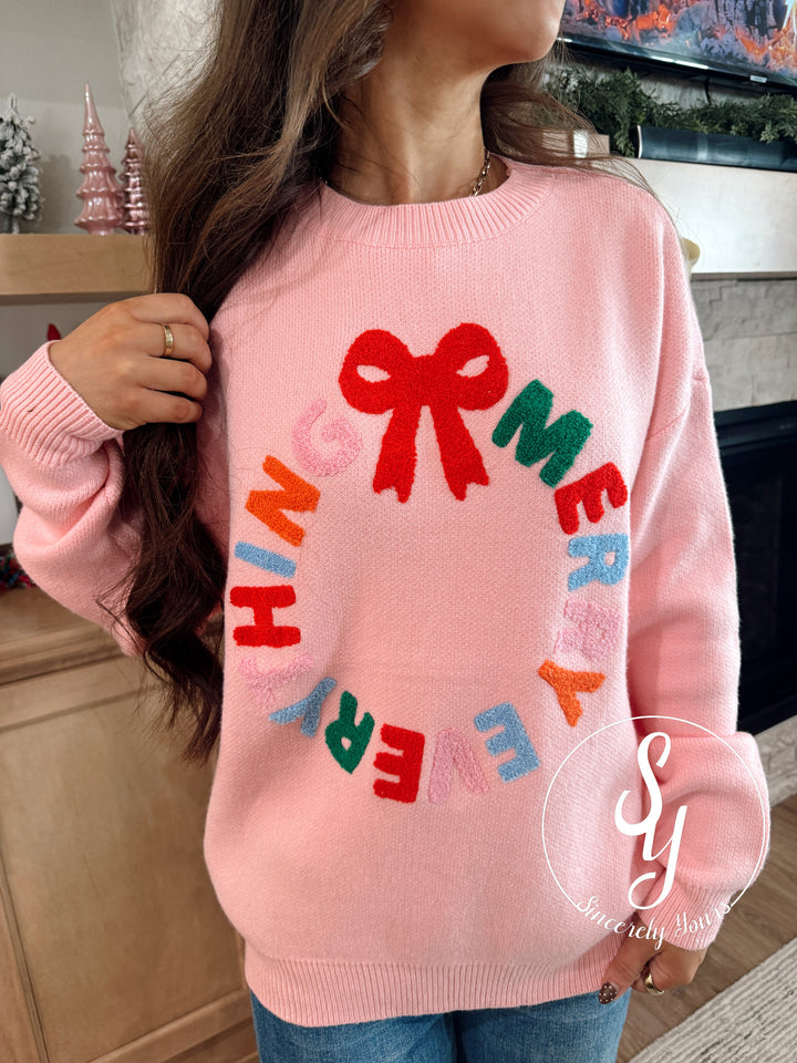 Merry Wreath Sweater - Light Pink