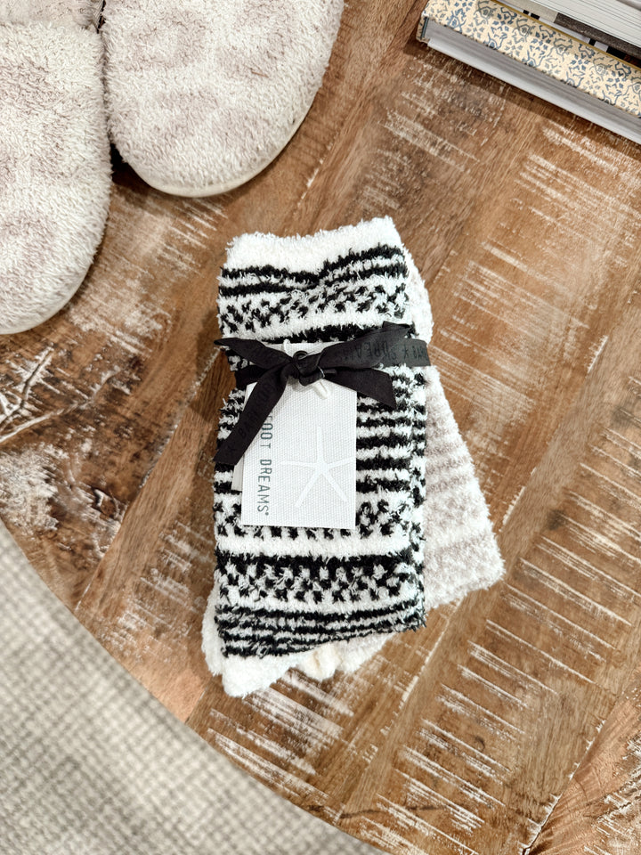 Barefoot Dreams: CozyChic Checkered Stripe Sock Set - Dark Moss-Stone Multi