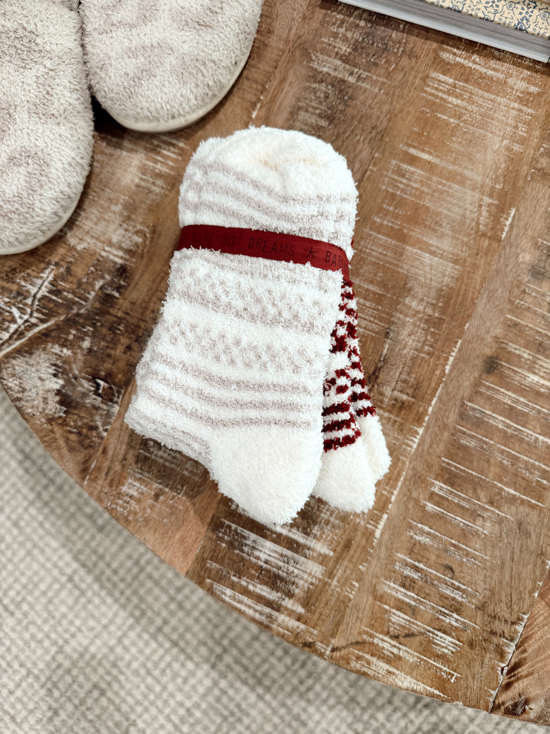Barefoot Dreams: CozyChic Checkered Stripe Sock Set - Crimson- Stone Multi