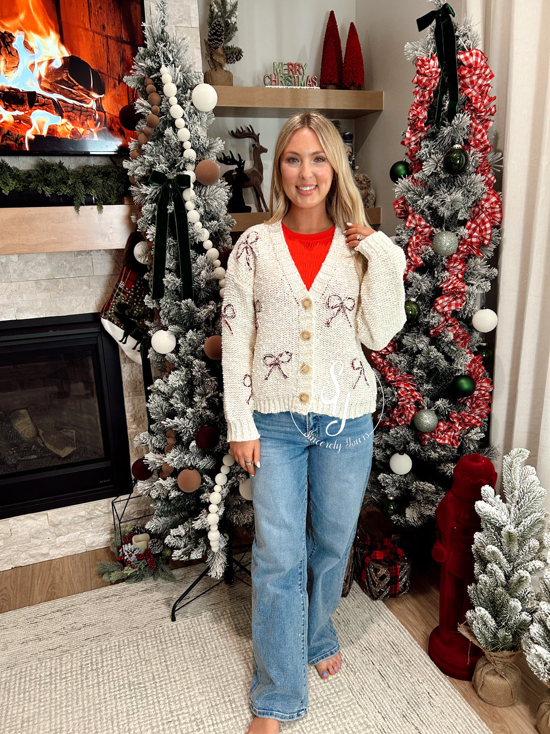 Candy Cane Bow Cardigan - Cream