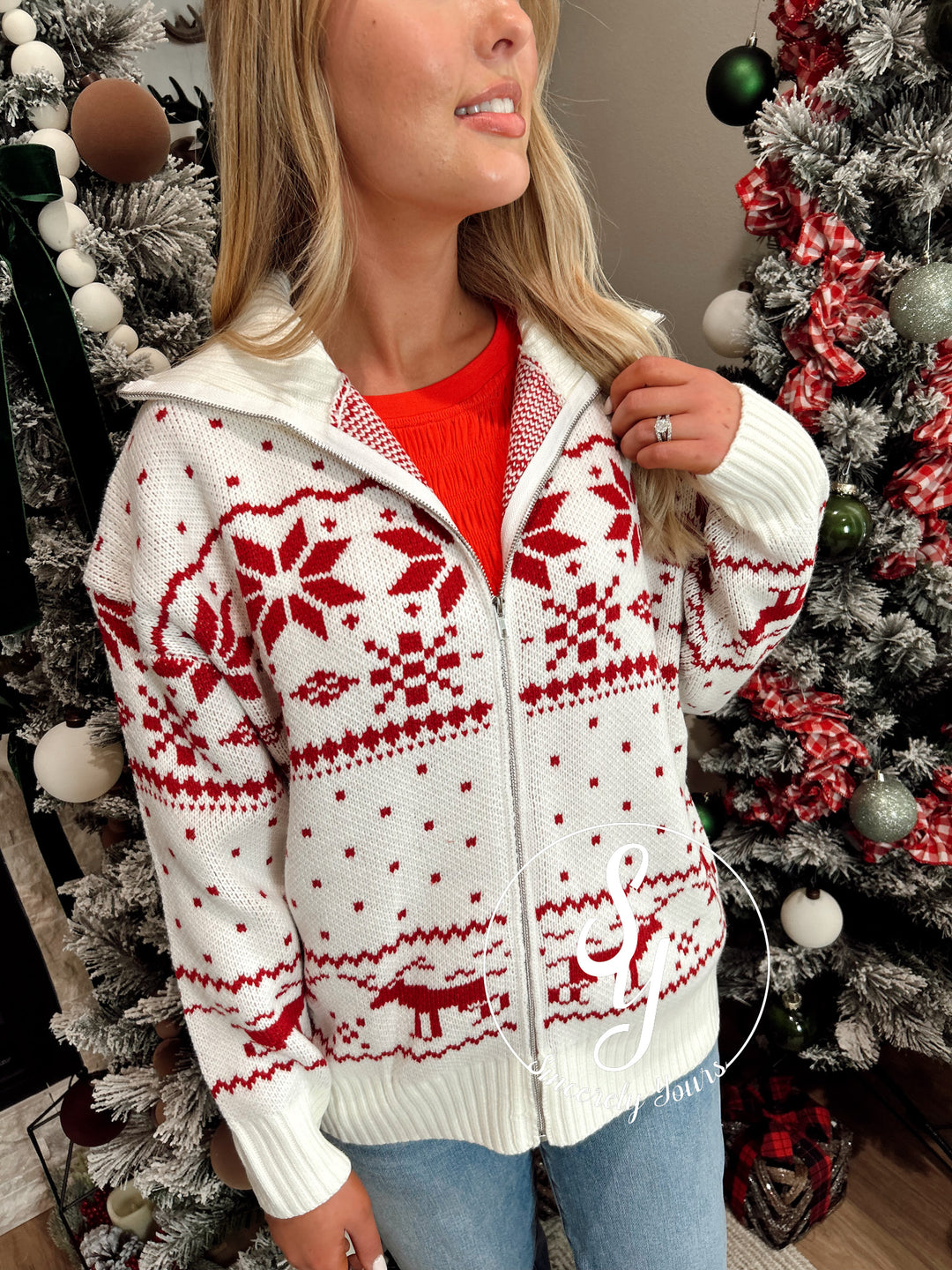 Reindeers And Snowflakes Cardigan - White/Red