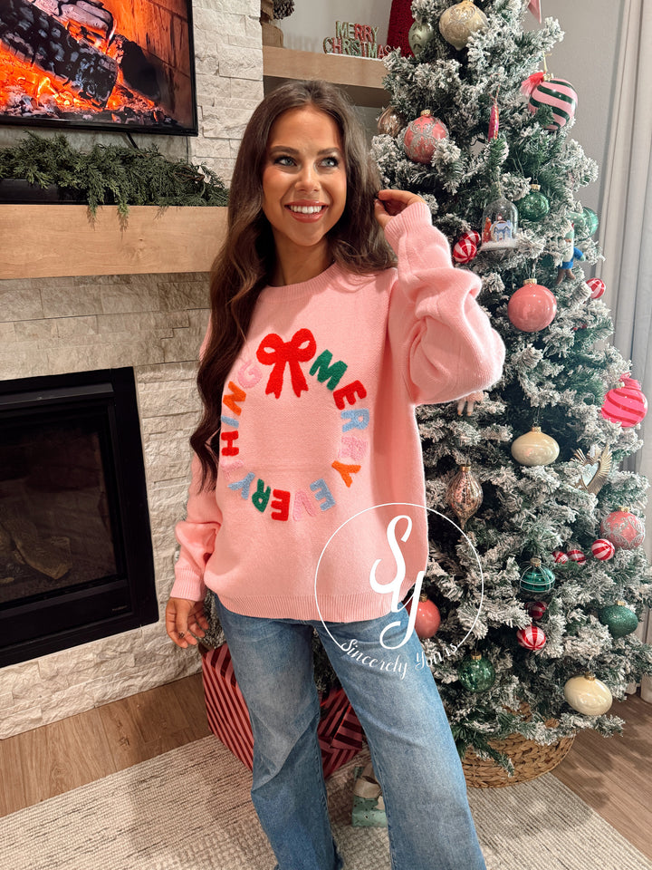 Merry Wreath Sweater - Light Pink