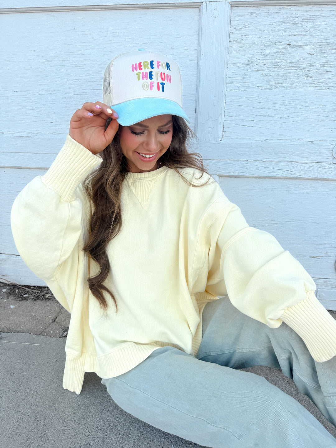 Here For The Fun Of It Trucker Hat - Baby Blue