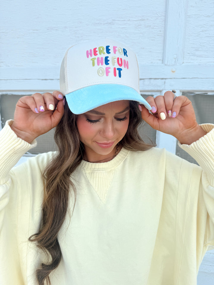 Here For The Fun Of It Trucker Hat - Baby Blue