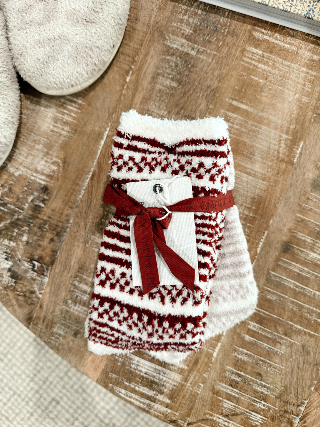 Barefoot Dreams: CozyChic Checkered Stripe Sock Set - Crimson- Stone Multi