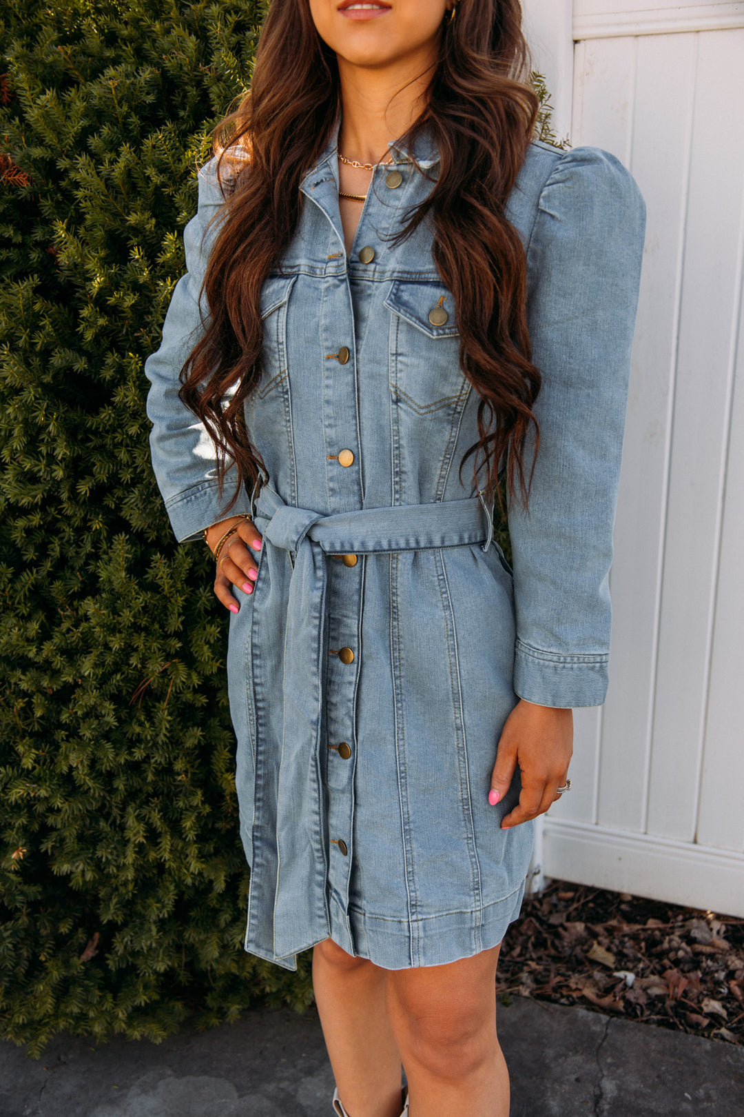 long sleeve denim button up dress Tiered Button Up Long Sleeve Denim Dress