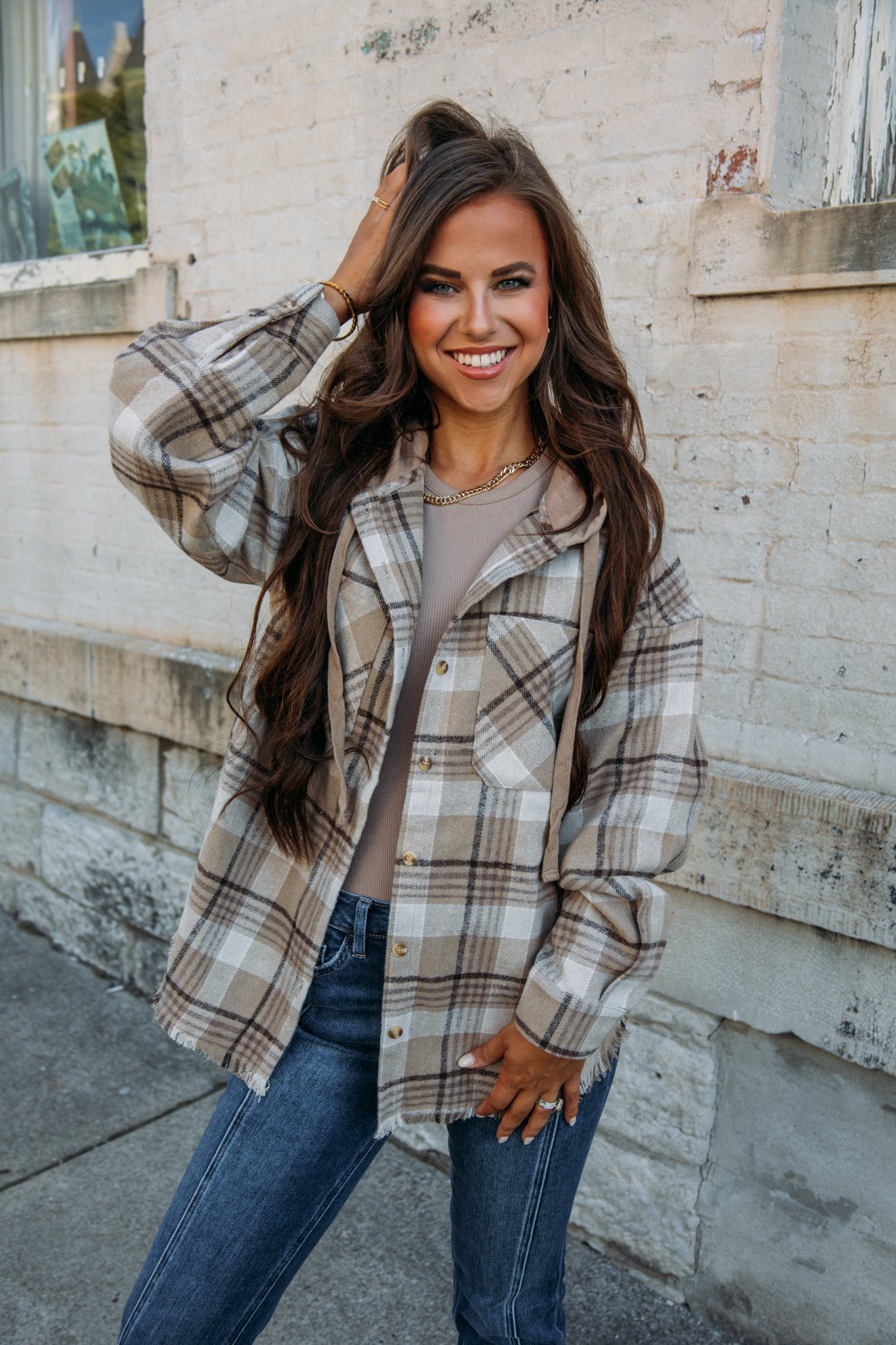 Coffee Date Hooded Button Up - Taupe
