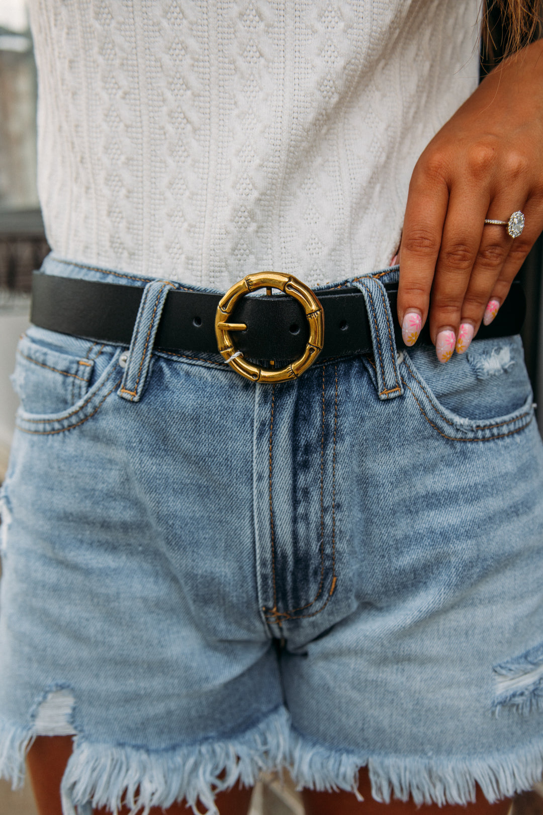 Bamboo Joint Circle Buckle Leather Belt -Black