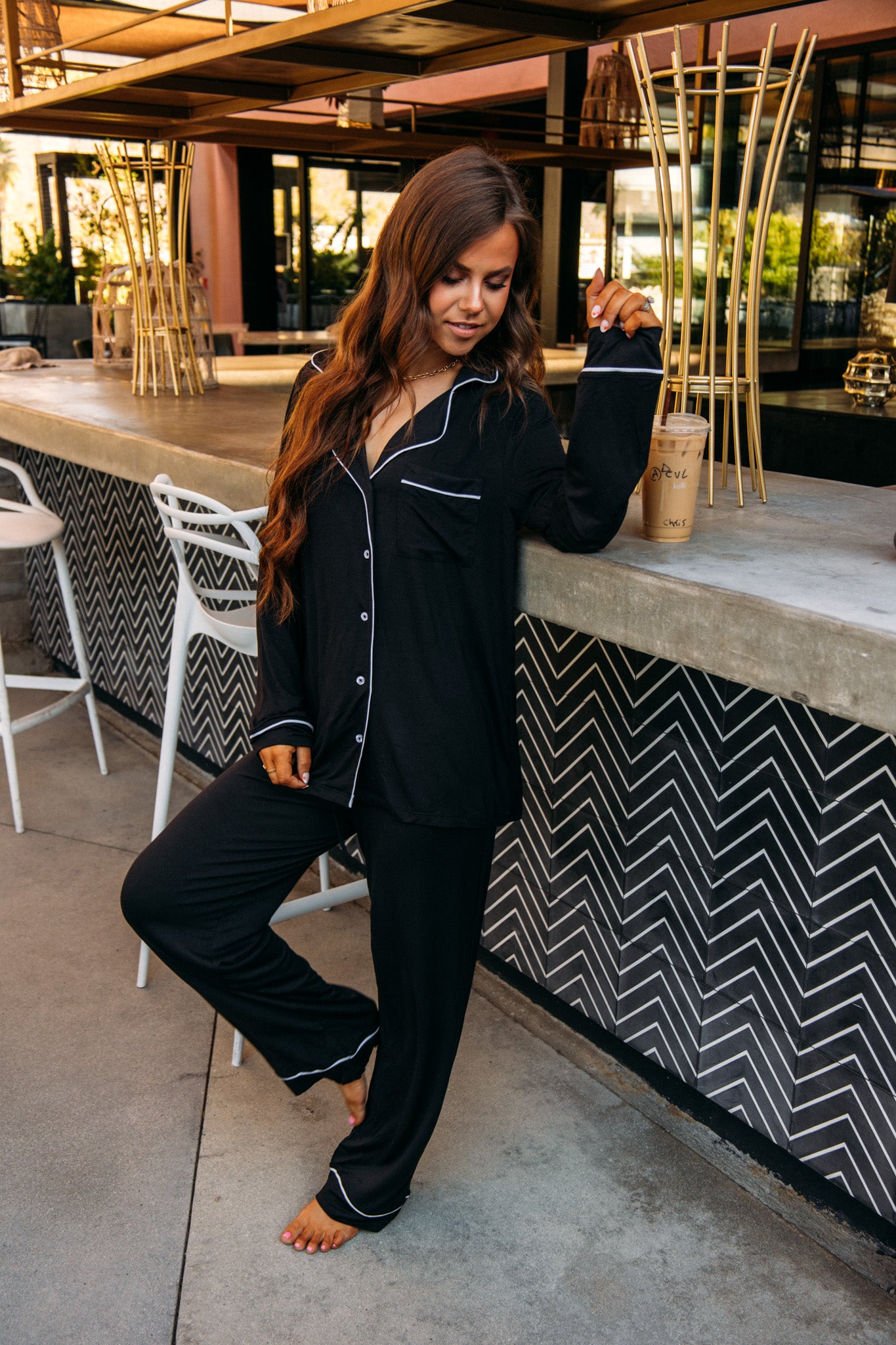 Barefoot Dreams: Luxe Milk Jersey® Piped Pajama Set -Black