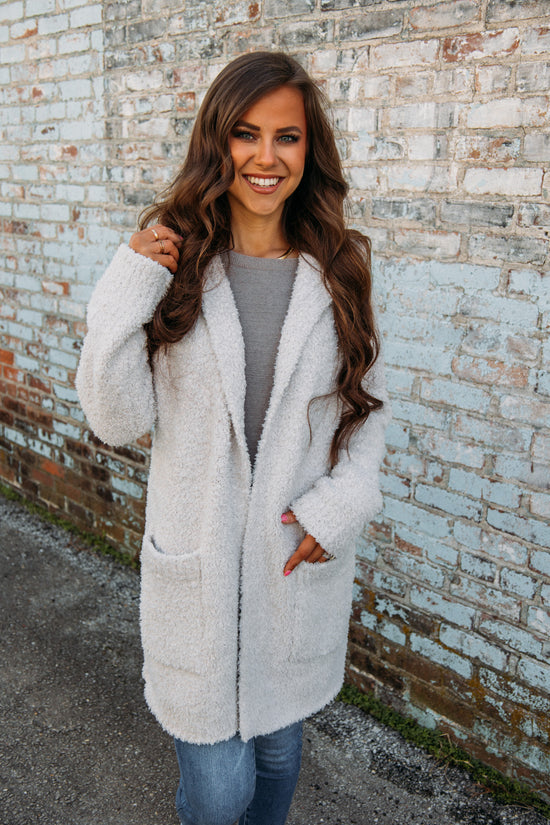 Barefoot Dreams: CozyChic® Boucle Hooded Long Coatigan -Almond