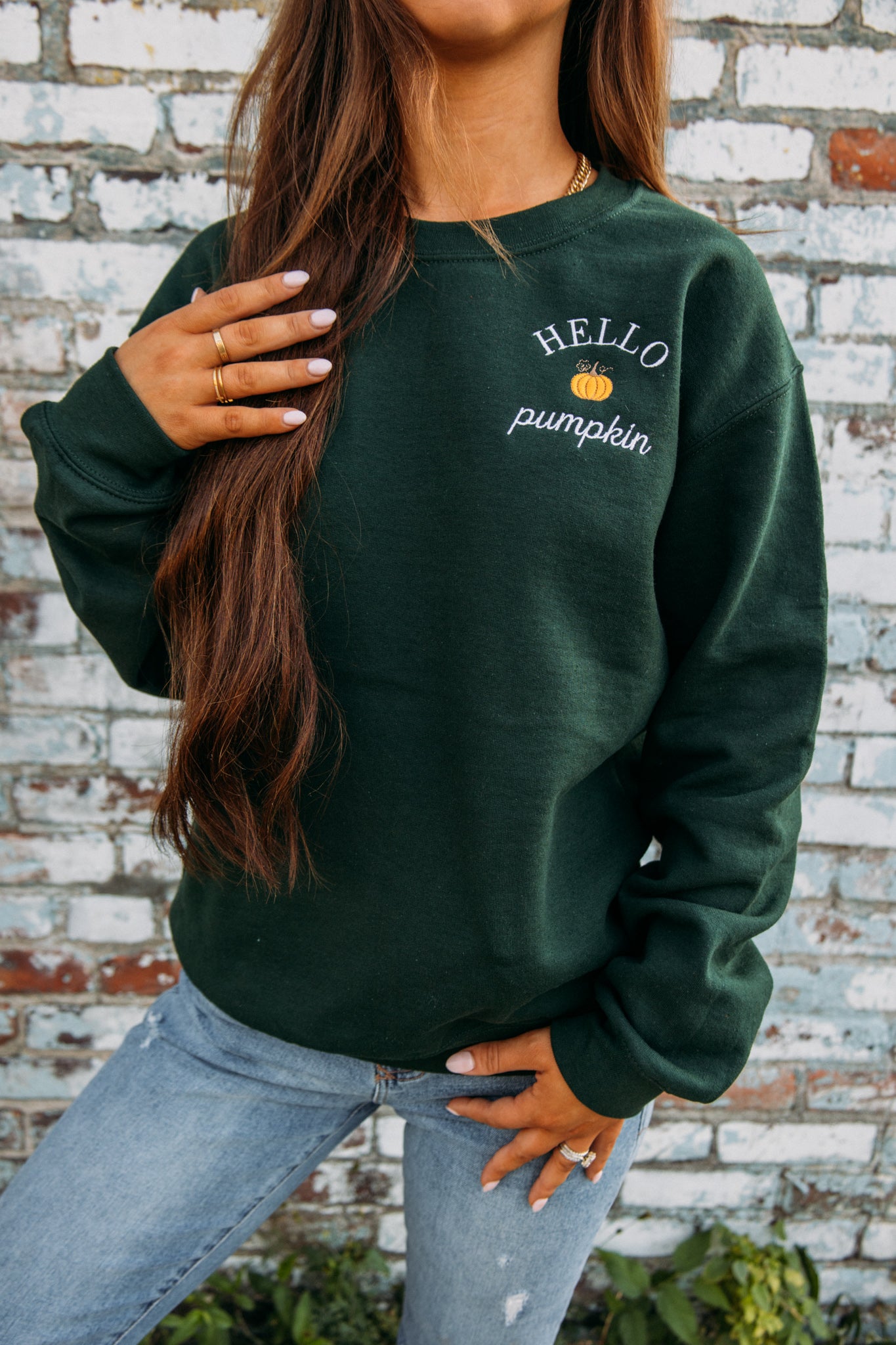 Hello Pumpkin Embroidered Crewneck - Forest