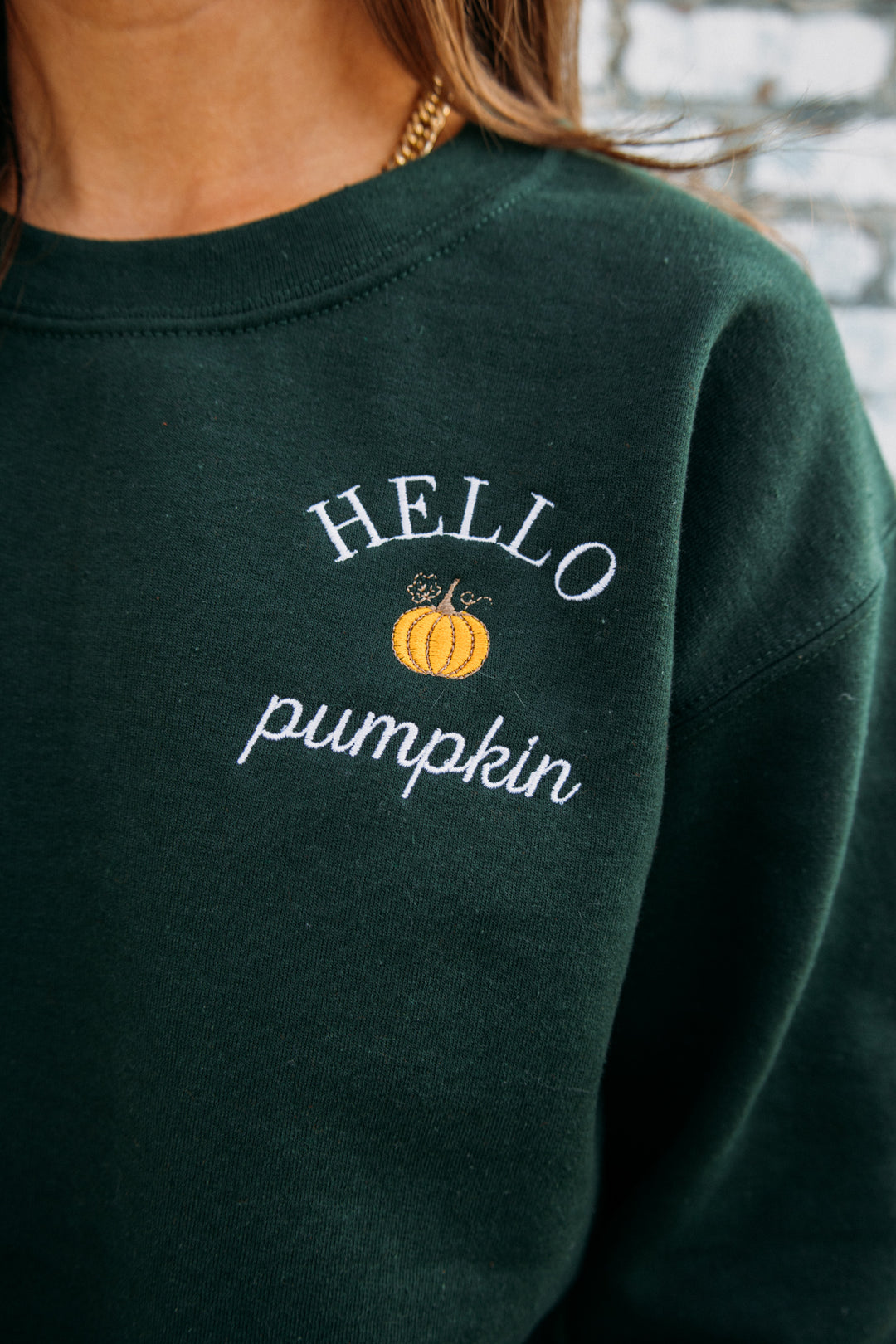 Hello Pumpkin Embroidered Crewneck - Forest