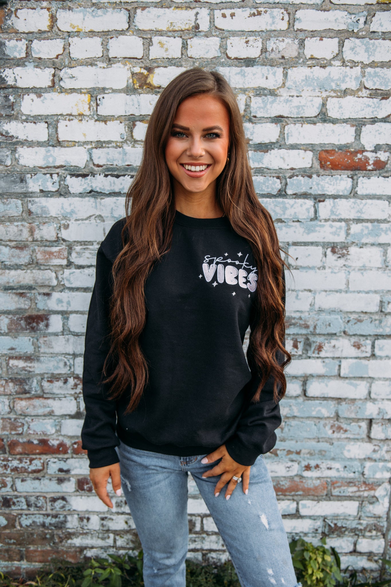 Spooky Vibes Embroidered Crewneck- Black