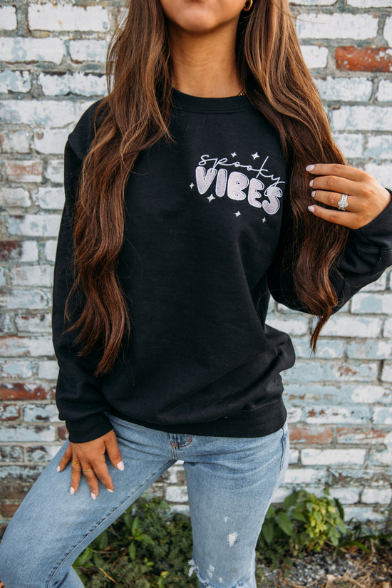 Spooky Vibes Embroidered Crewneck- Black