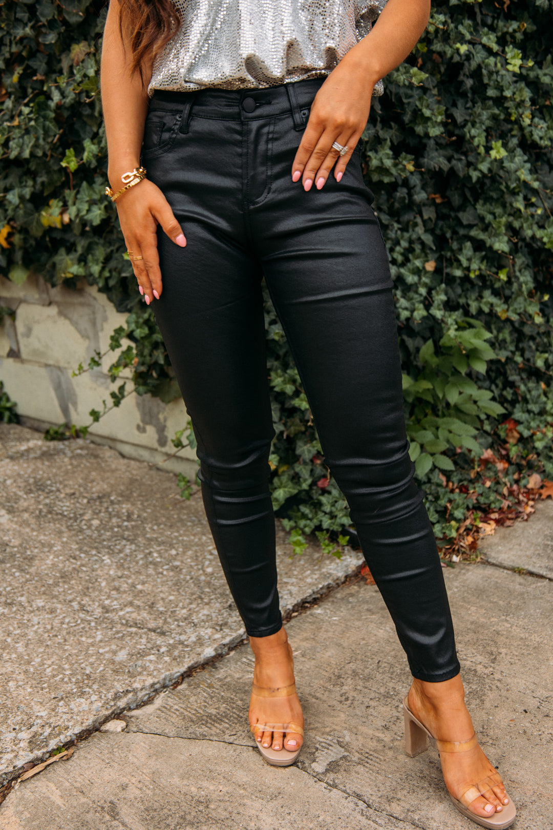 Black High Rise Leather Ankle Skinny Pants