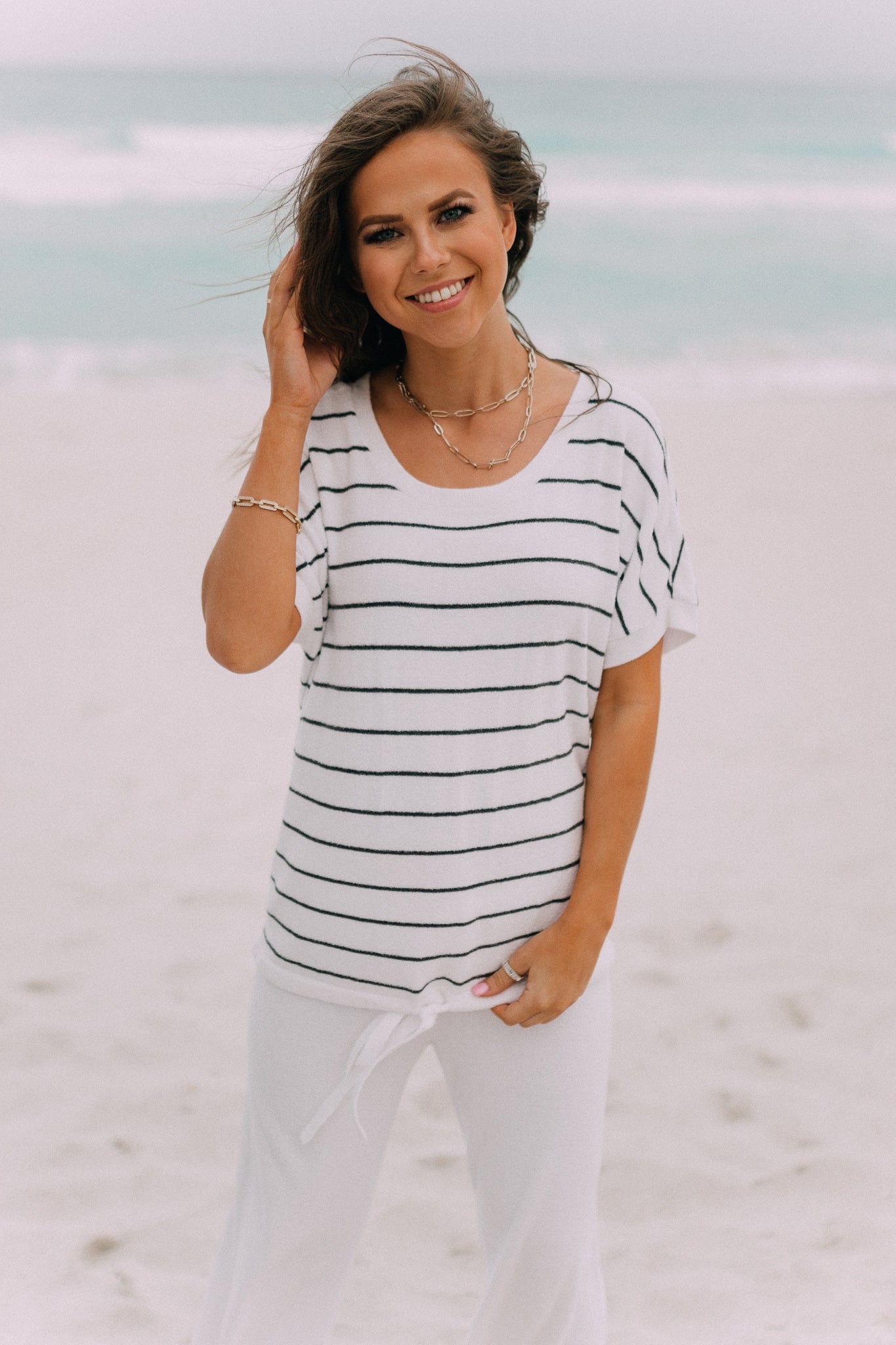 Barefoot Dreams: CozyChic Ultra Lite® Striped Pullover - Sea Salt / Carbon