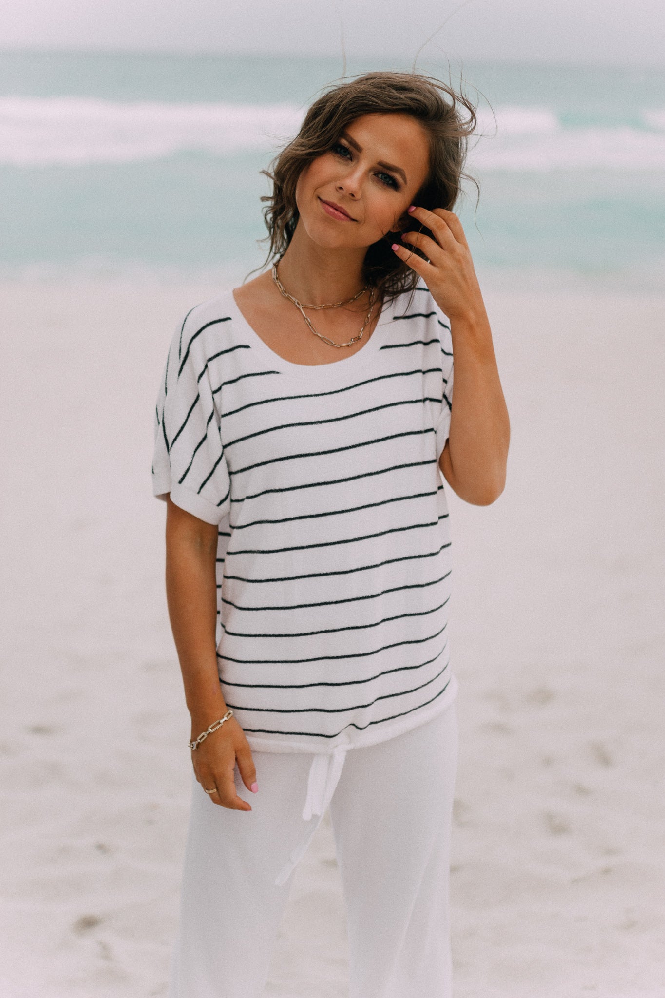 Barefoot Dreams: CozyChic Ultra Lite® Striped Pullover - Sea Salt / Carbon