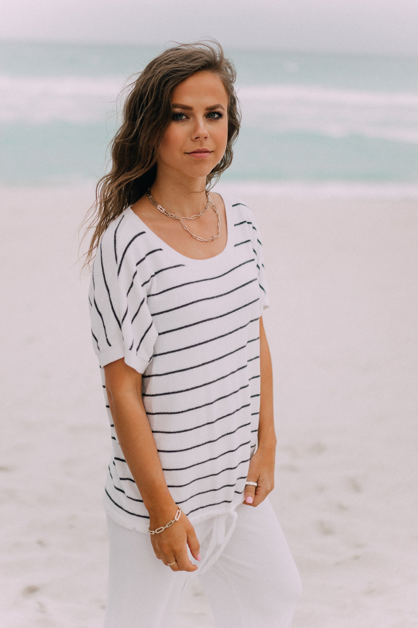 Barefoot Dreams: CozyChic Ultra Lite® Striped Pullover - Sea Salt / Carbon