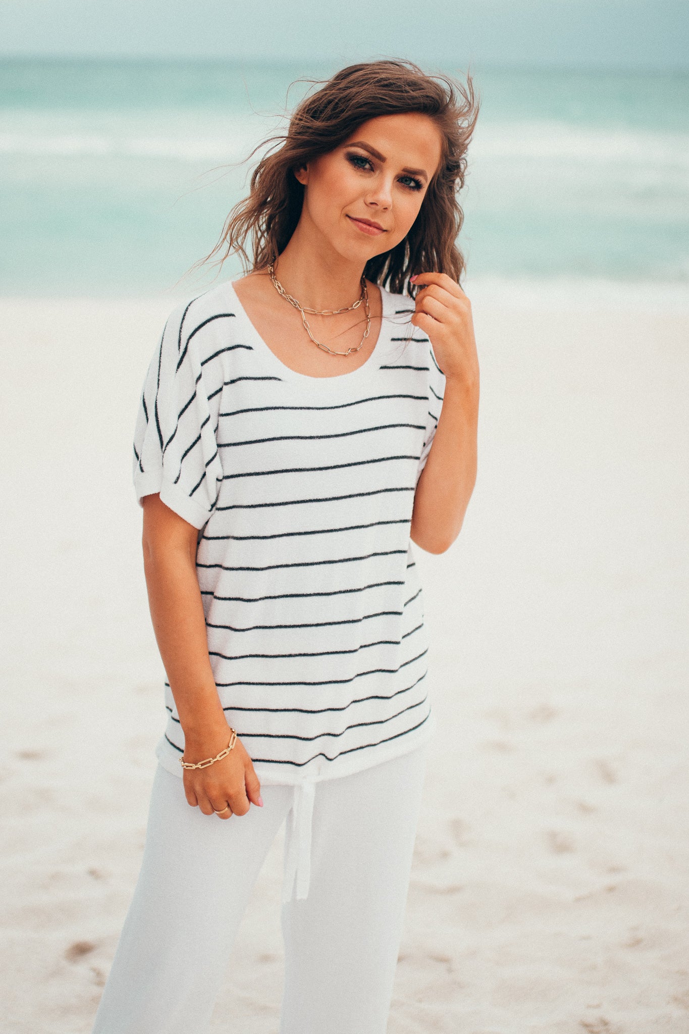 Barefoot Dreams: CozyChic Ultra Lite® Striped Pullover - Sea Salt / Carbon