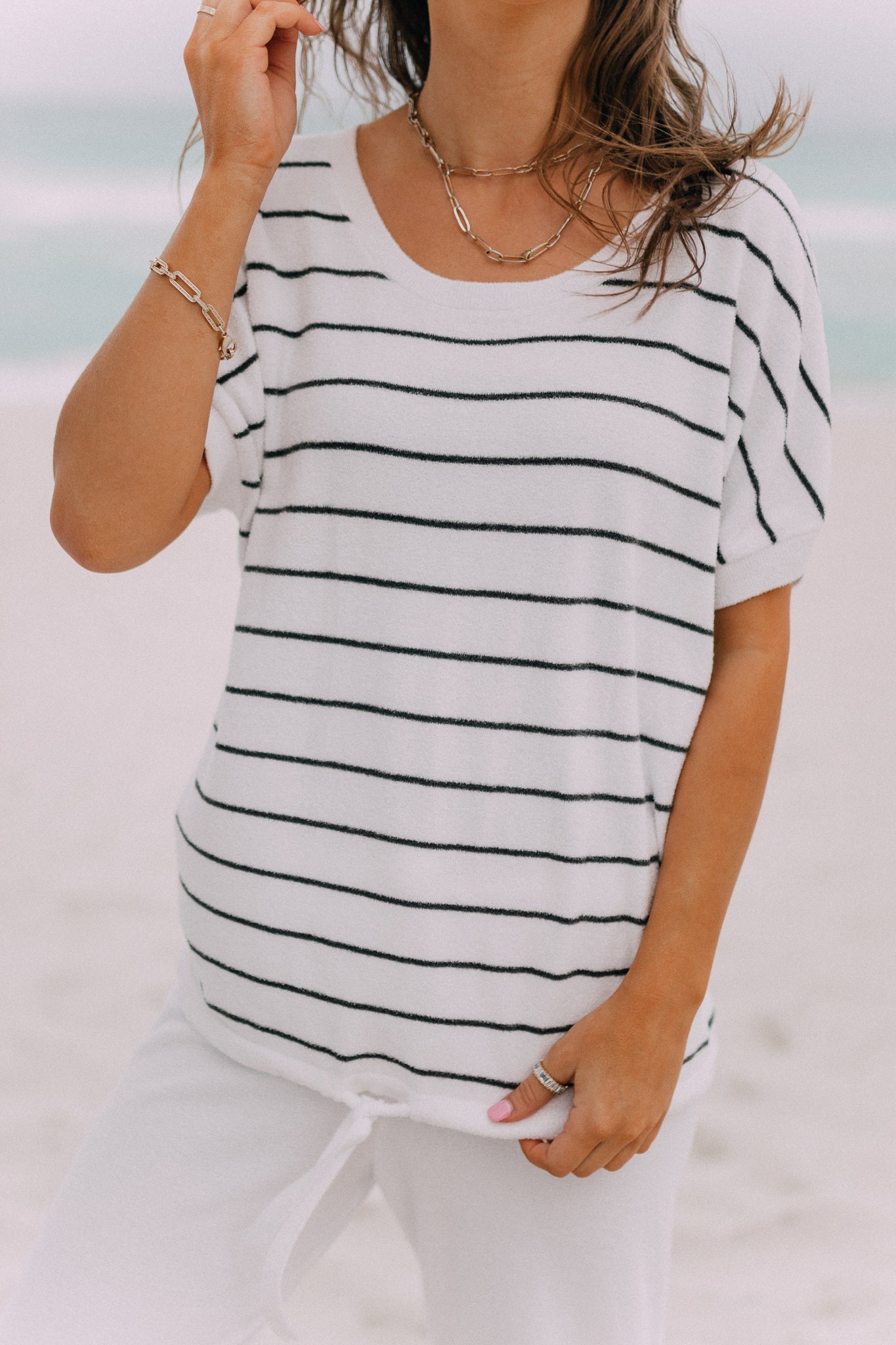 Barefoot Dreams: CozyChic Ultra Lite® Striped Pullover - Sea Salt / Carbon