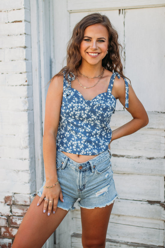 Can't Get Enough Floral Tie Top -Blue