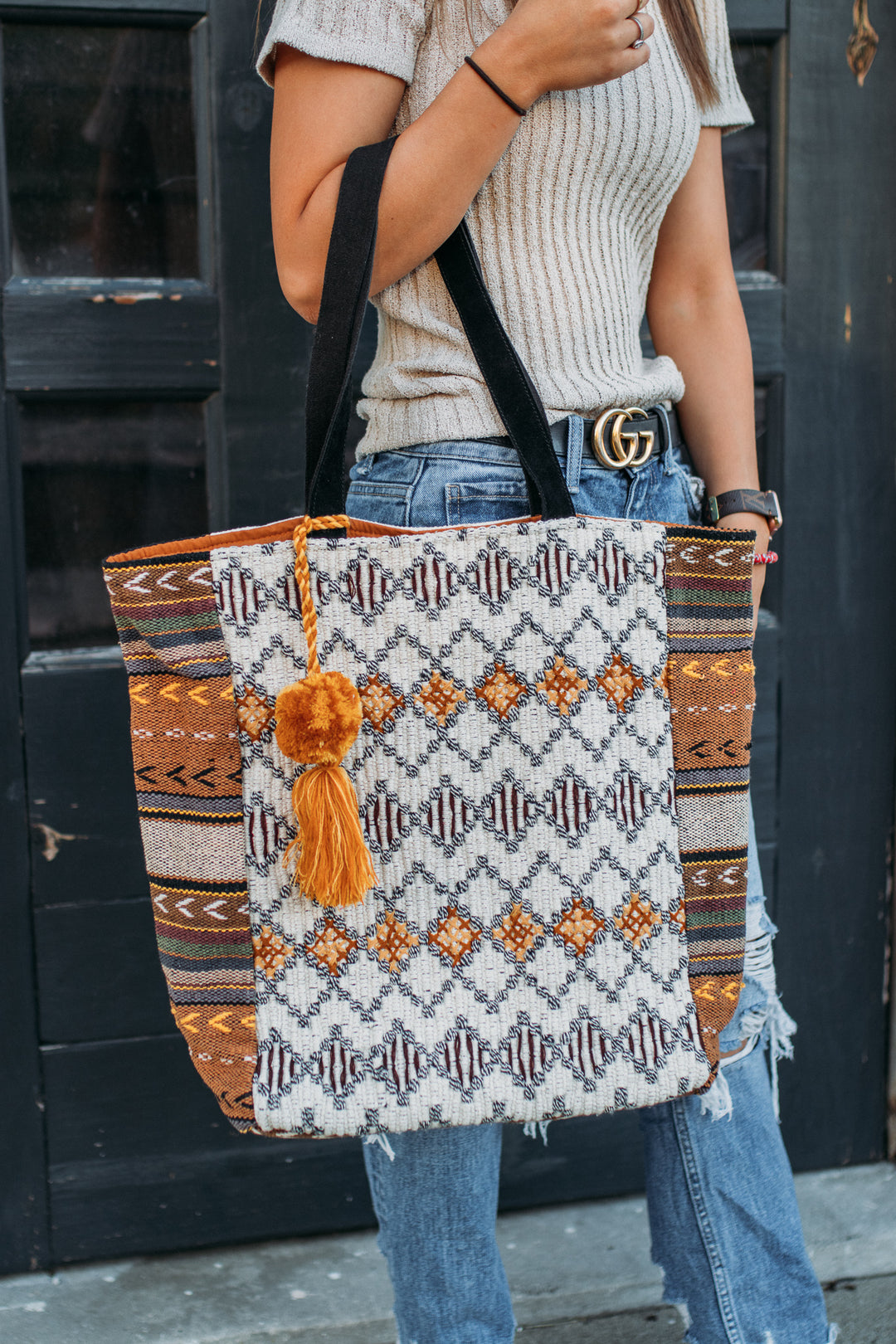 Woven Boho Tote -Cream/Tan