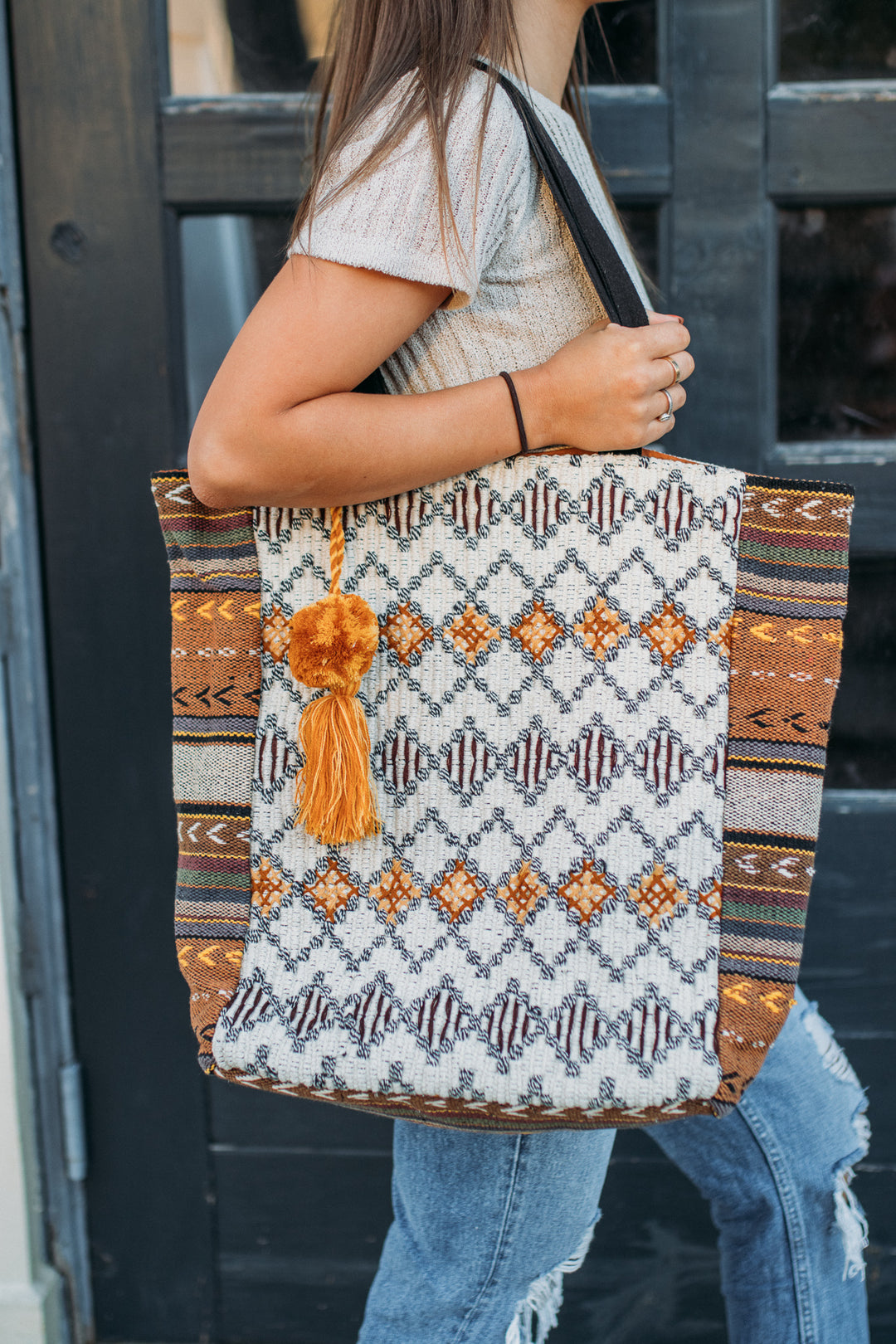 Woven Boho Tote -Cream/Tan