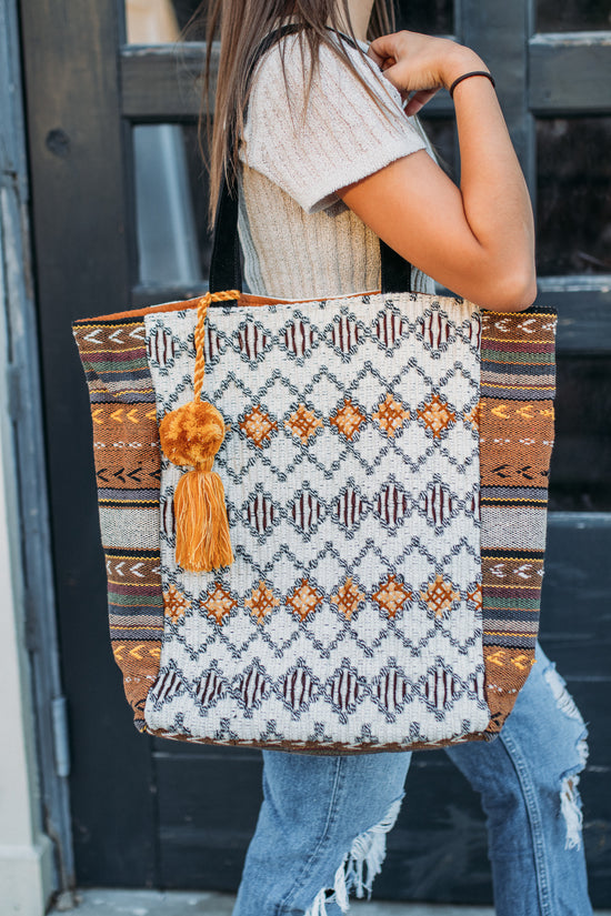 Woven Boho Tote -Cream/Tan