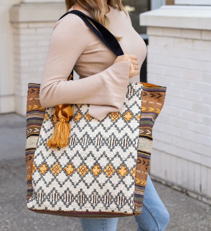 Woven Boho Tote -Cream/Tan