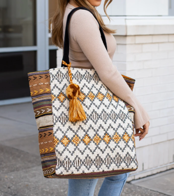 Woven Boho Tote -Cream/Tan