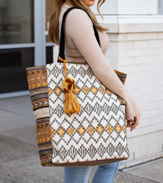 Woven Boho Tote -Cream/Tan