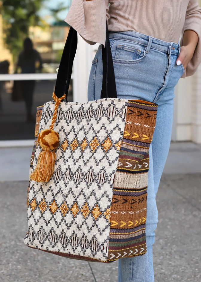 Woven Boho Tote -Cream/Tan