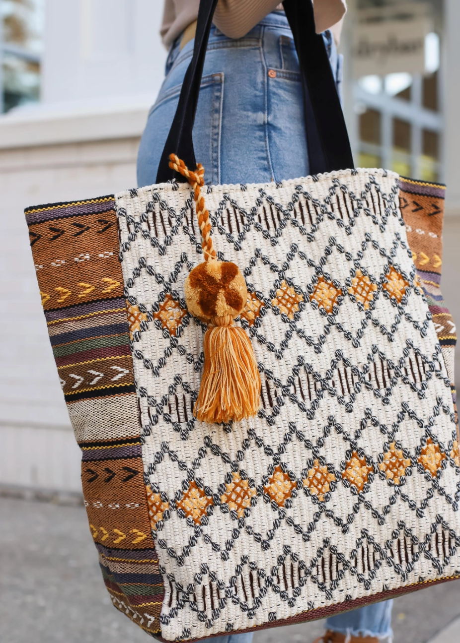 Woven Boho Tote -Cream/Tan