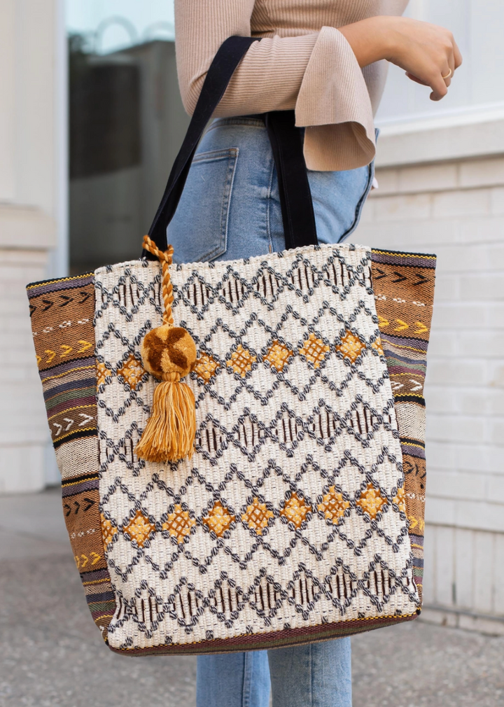 Woven Boho Tote -Cream/Tan