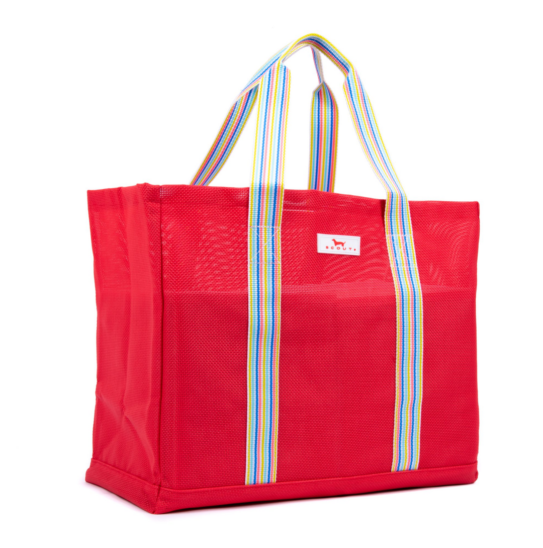 A poly woven version of our Original Deano, this open top tote will be your family's go-to bag all summer long. Sand and water can easily escape through the breathable, compact basket weave fabric, and the structured bottom keeps this stylishly striped bag upright even when empty for easy loading.
