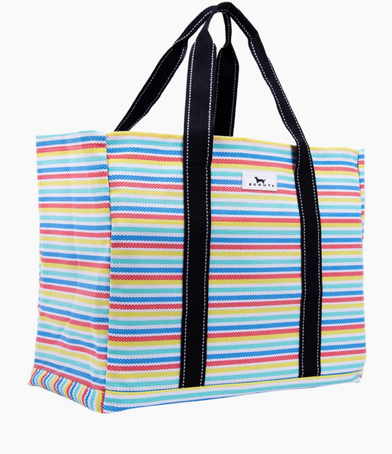 Load image into Gallery viewer, A poly woven version of our Original Deano, this open top tote will be your family&amp;#39;s go-to bag all summer long. Sand and water can easily escape through the breathable, compact basket weave fabric, and the structured bottom keeps this stylishly striped bag upright even when empty for easy loading.

