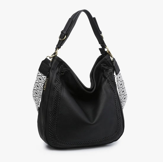 Aris Whipstitch Hobo/Crossbody w/ Guitar Strap -Black